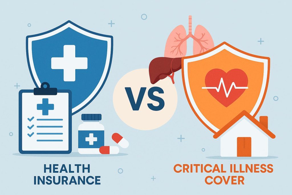 Health insurance vs critical illness cover concept with policy documents and medical symbols