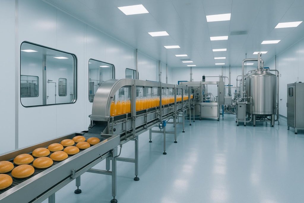 Modern food and beverage factory production line inside a controlled cleanroom environment