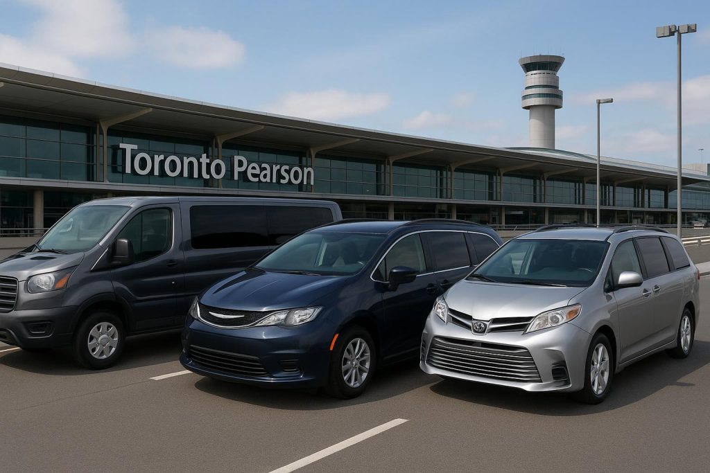 Vans and minivans parked outside Pearson Airport terminal, showcasing group travel options