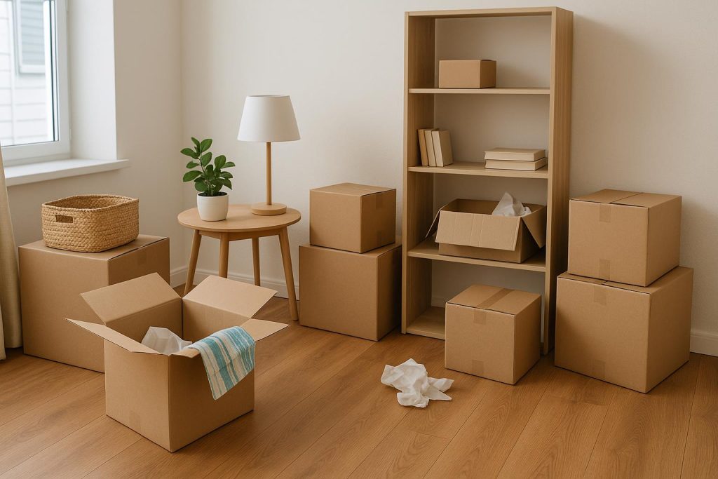 Open moving boxes in a living room surrounded by neatly organized household items and packing supplies