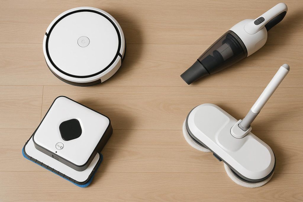 Smart Cleaning Gadgets to Make Chores Easier Robotic vacuum and smart mop cleaning a modern living room floor with tech gadgets in the background