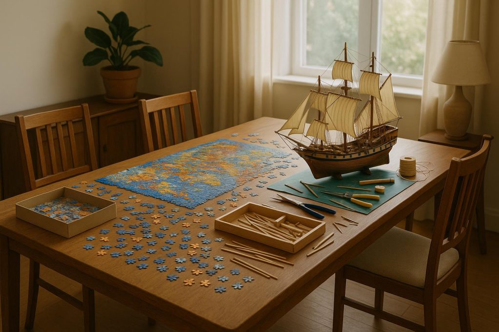 The Case for Hobbies That Take Over the Dining Table Craft supplies and board games spread across a dining table for hobby activities and projects