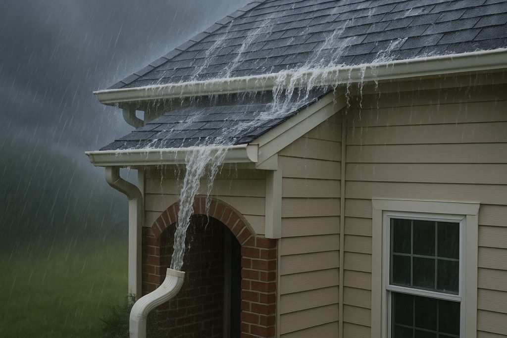 Rain Has to Go Somewhere, and Your House Has Opinions About Where Rainwater flowing off a house roof toward gutters and foundation during heavy rainfall