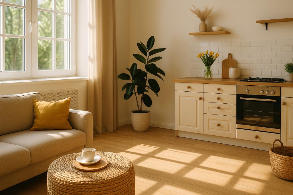 What a Clean House Changes About the Way a Weekend Feels Sunlit, organized living room with fresh flowers and tidy surfaces, evoking a peaceful weekend atmosphere