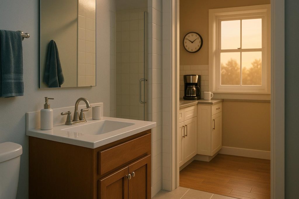 The Renovation Decisions You Feel Every Morning Before 8am Early morning homeowner choosing kitchen renovation plans with coffee and blueprints on table