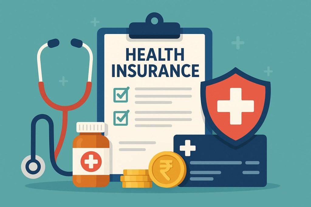 Health insurance policy documents, stethoscope, and calculator representing plan selection in India