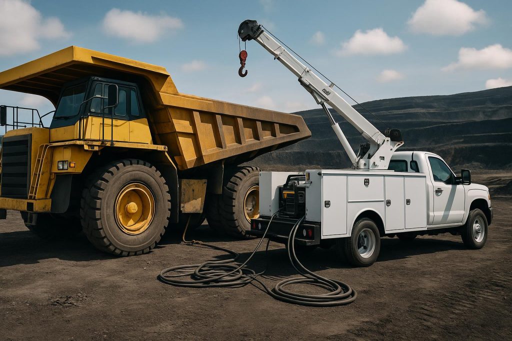 How the Right Service Trucks Can Transform Your Mining Fleet Maintenance Program Modern service truck maintaining heavy mining equipment at a mining site for fleet efficiency