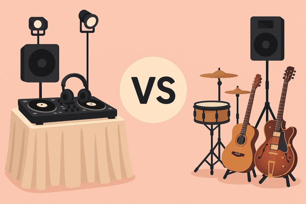 Wedding DJ setup and live band performing at a stylish wedding reception venue