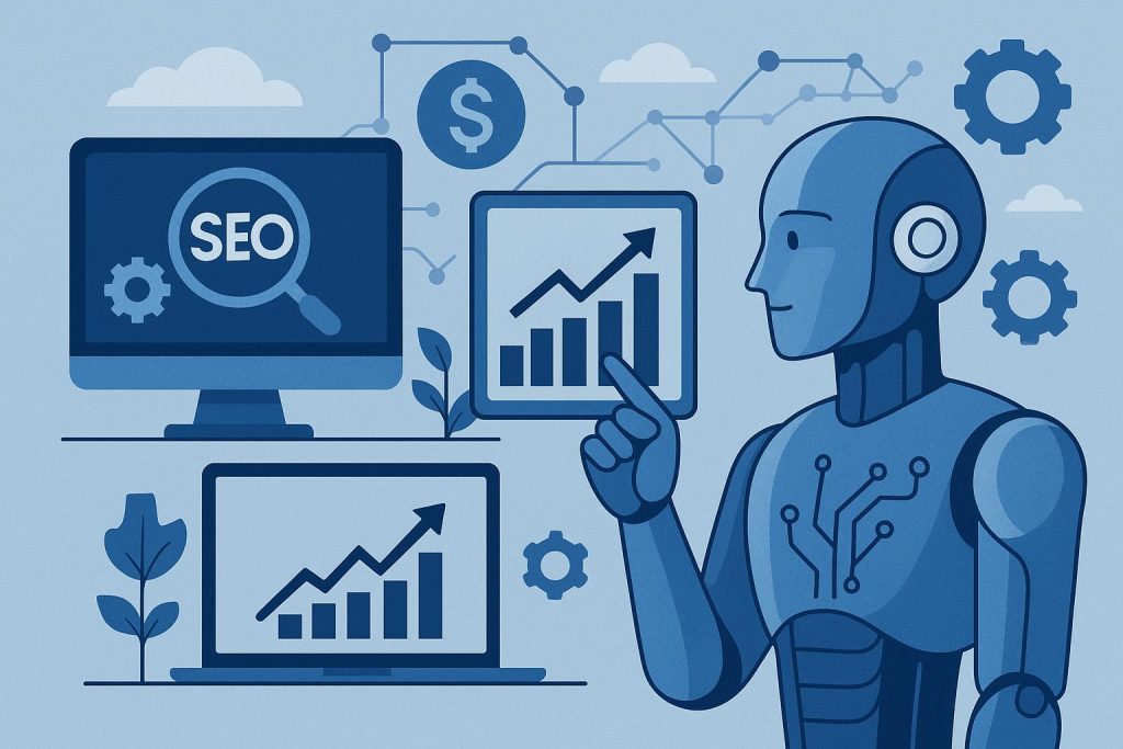 AI SEO tools dashboard and agency branding for small business digital marketing growth