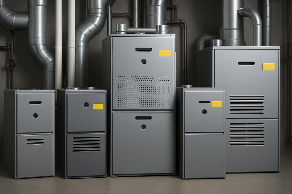 Modern, energy-efficient furnaces from top brands installed in a well-insulated home basement