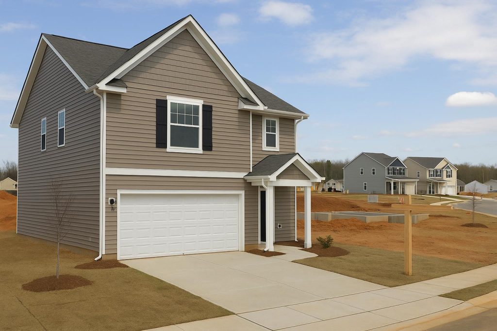 Modern new-build houses in suburban neighborhood, highlighting real estate market considerations