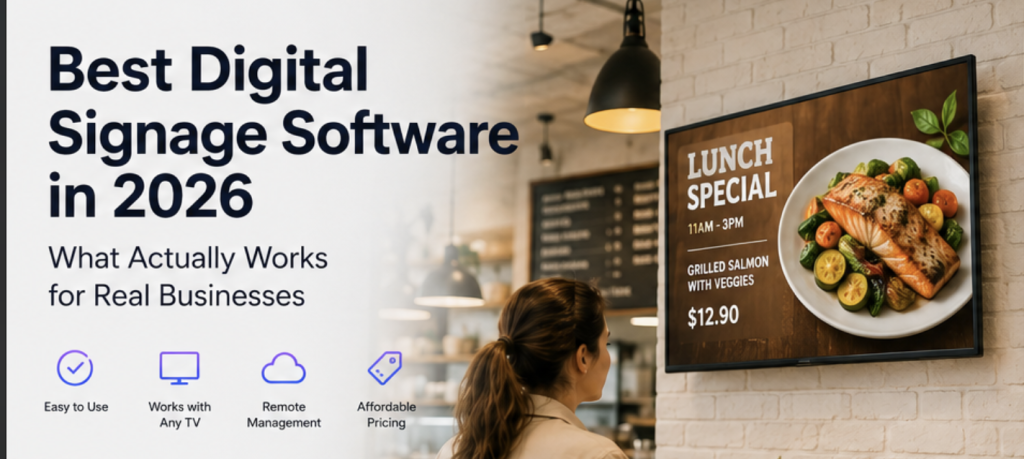 Modern digital signage displays showcasing business software solutions in a corporate environment