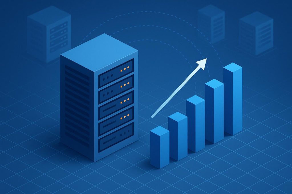 Modern server racks with glowing lights representing reliable IT infrastructure for business growth