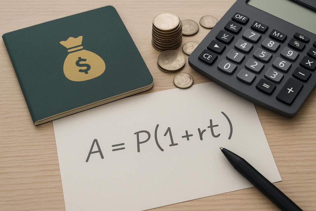 Savings account interest calculation: Formula, examples & tips Interest rates and savings account formula with calculator, coins, and money for financial tips