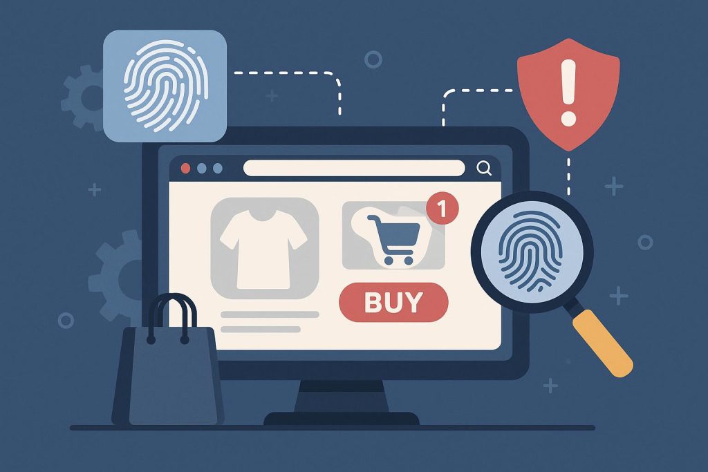How Ecommerce Platforms Use Browser Fingerprinting to Detect Fraud Digital fingerprint scanning on laptop screen symbolizing ecommerce fraud detection technology