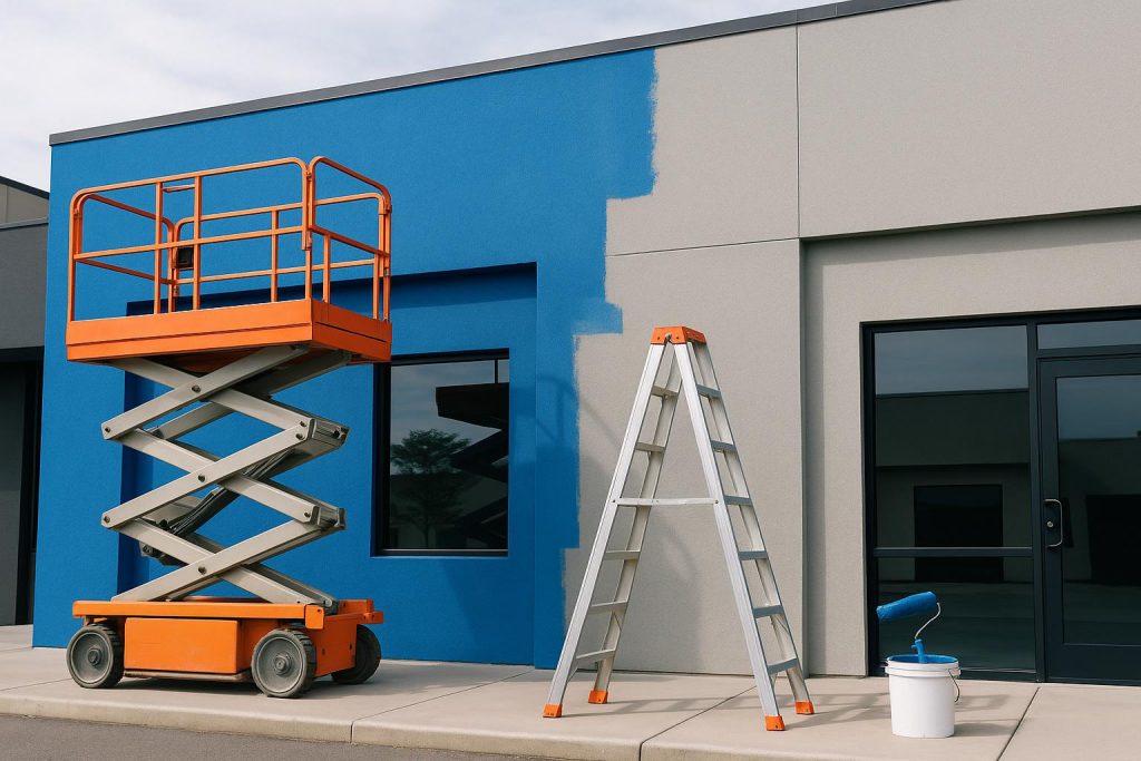 Professional painters applying fresh paint to modern office building exterior for business appeal