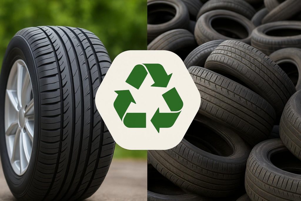 New and used tires side by side, highlighting environmental impact and sustainability comparison
