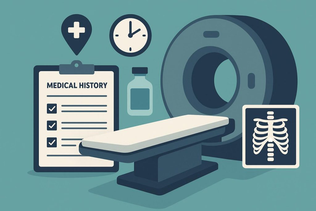 Medical imaging equipment in a hospital setting for diagnostic examination preparation guidance
