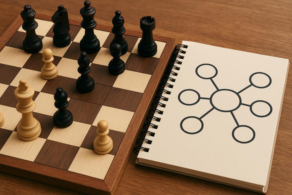 Chessboard with wooden pieces set up for a game, highlighting beginner chess strategies
