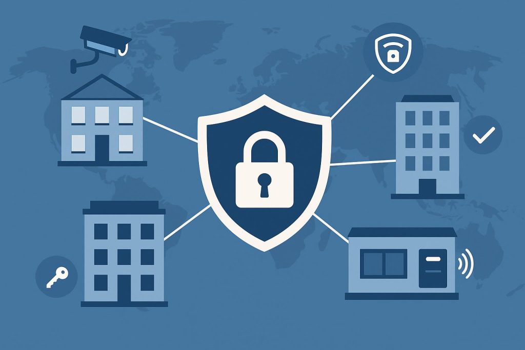 Centralized security control connecting multiple business offices across different locations.