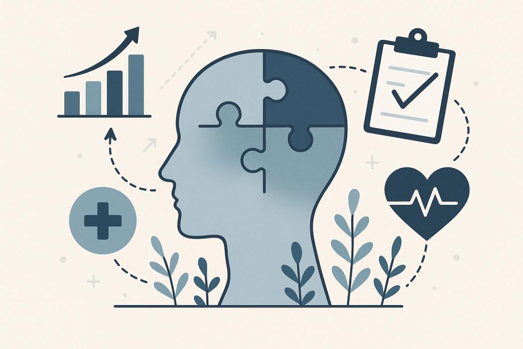 Illustration of mental health support network with connected icons and calming colors