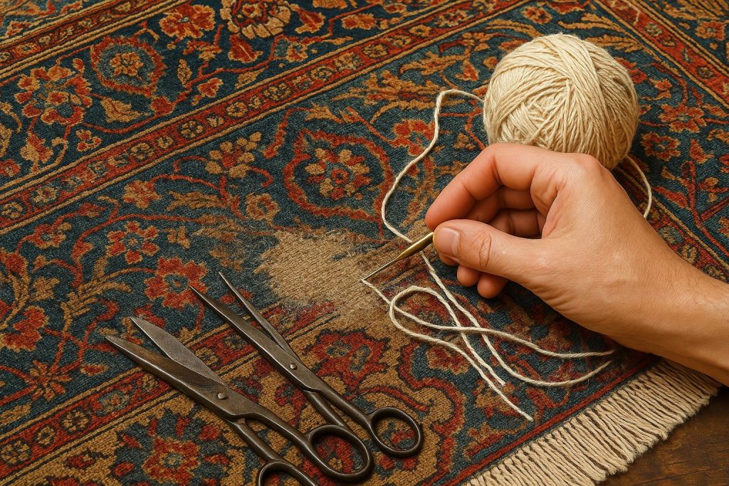 Restoration process of intricate handmade oriental rugs with detailed patterns and vibrant colors