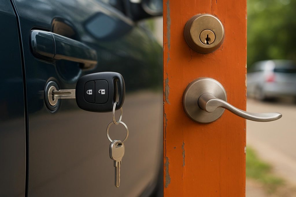 Locked front door with keys dangling from the lock, illustrating locksmith emergency situations