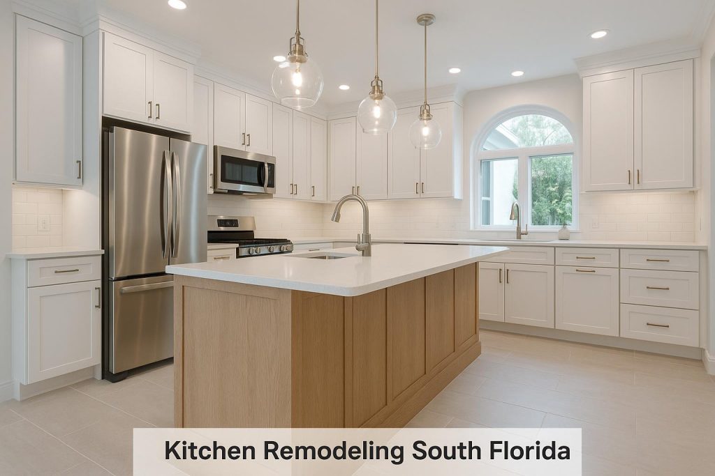 kitchen remodeling South Florida Modern kitchen renovation with white cabinets and marble countertops in South Florida home