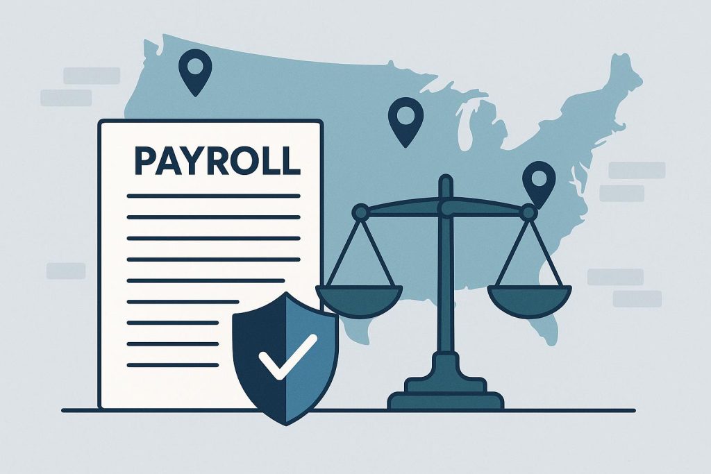 Multi-State Payroll Compliance: The Hidden Risk Every Growing Mid-Market Company Faces Payroll tax documents and compliance charts highlighting multi-state business regulations