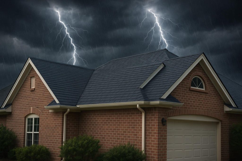 How a New Roof Affects Home Value in Storm-Prone Regions Modern house with new roof standing out in a neighborhood affected by severe storm damage