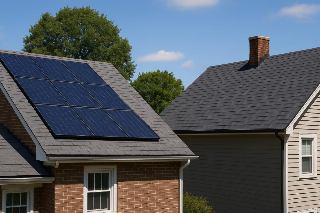 Solar Roofing Massachusetts vs Traditional Roofing: Which Option Offers Better Long-Term Savings? Solar panels installed on a Massachusetts home roof beside a traditional asphalt shingle roof