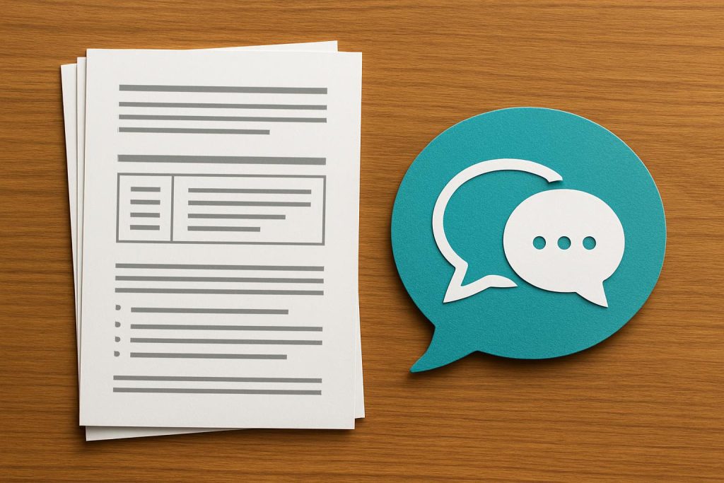 Building a Family Legacy: The Three-Hour Conversation Worth Having Office desk with open notebook, pen, and speech bubbles highlighting effective communication