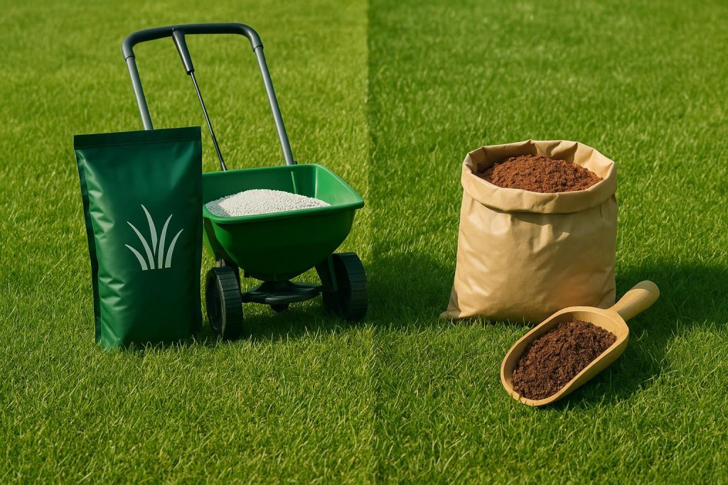 Close-up comparison of synthetic and organic lawn fertilizer products on green grass