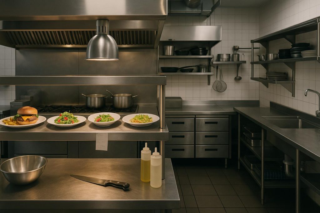 Behind the Scenes of Better Food Service: What Keeps a Commercial Kitchen Moving Commercial kitchen with chefs preparing dishes, stainless steel equipment, and organized workstations