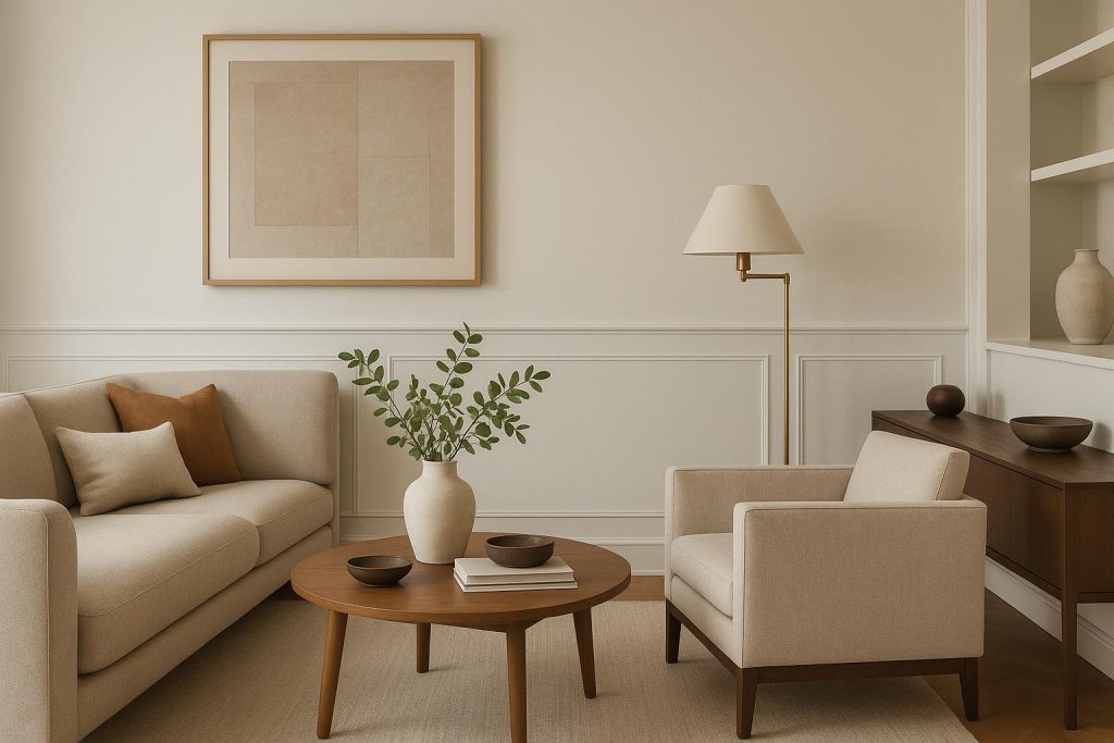 The Subtle Design Choices That Make a Home Feel More Grown-Up Elegant living room with minimalist furniture and neutral tones for a sophisticated home atmosphere