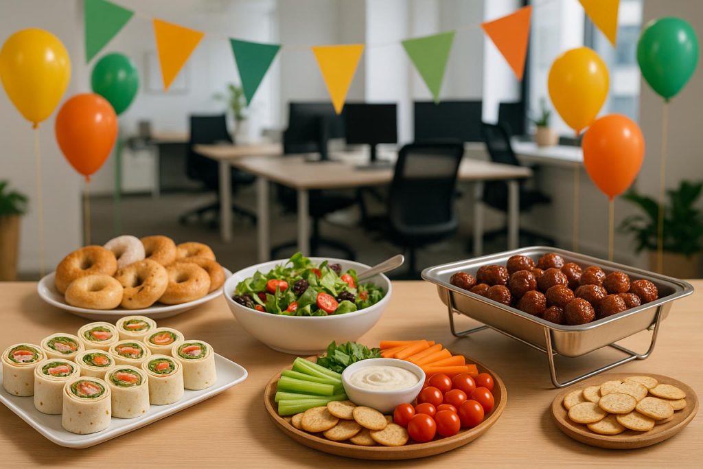 Assorted team lunch spread on a conference table for workplace celebration and team bonding