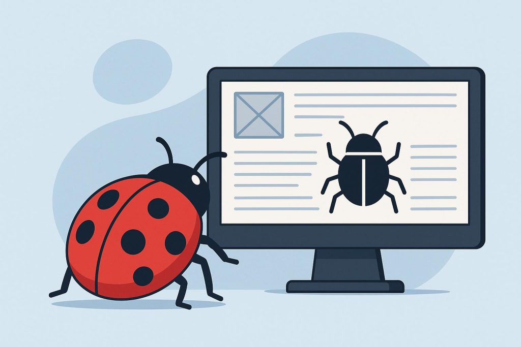 Close-up of a software bug illustration representing debugging and testing in technology development