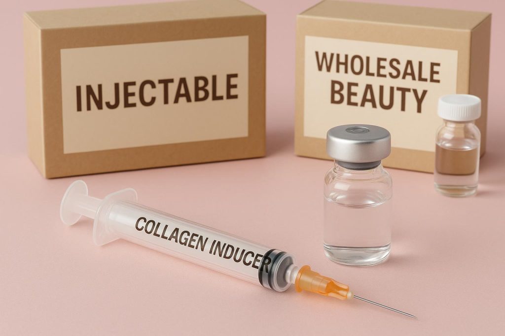 The B2B Beauty Market: Wholesaling Dynamics of Injectable Collagen Inducers Collagen inducers vials and syringes arranged for B2B beauty wholesale and distribution