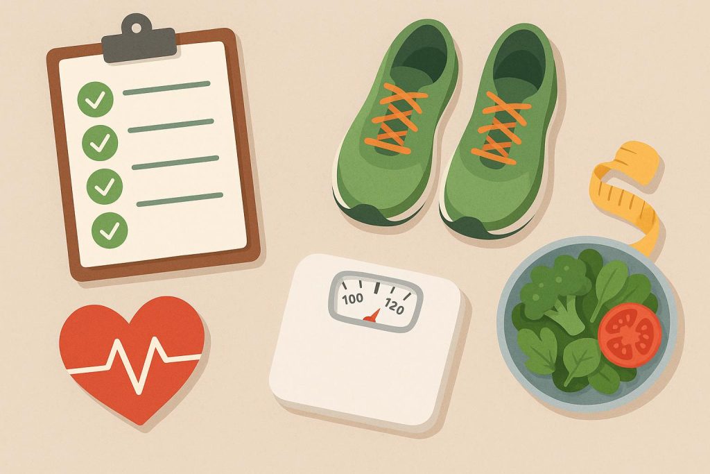 4 Tips for Transitioning to a Healthy Lifestyle Quickly Fresh fruits, vegetables, sneakers, and water bottle representing a quick healthy lifestyle transition