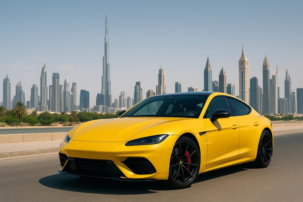 Luxury car parked in front of Dubai skyline, showcasing premium rental experience