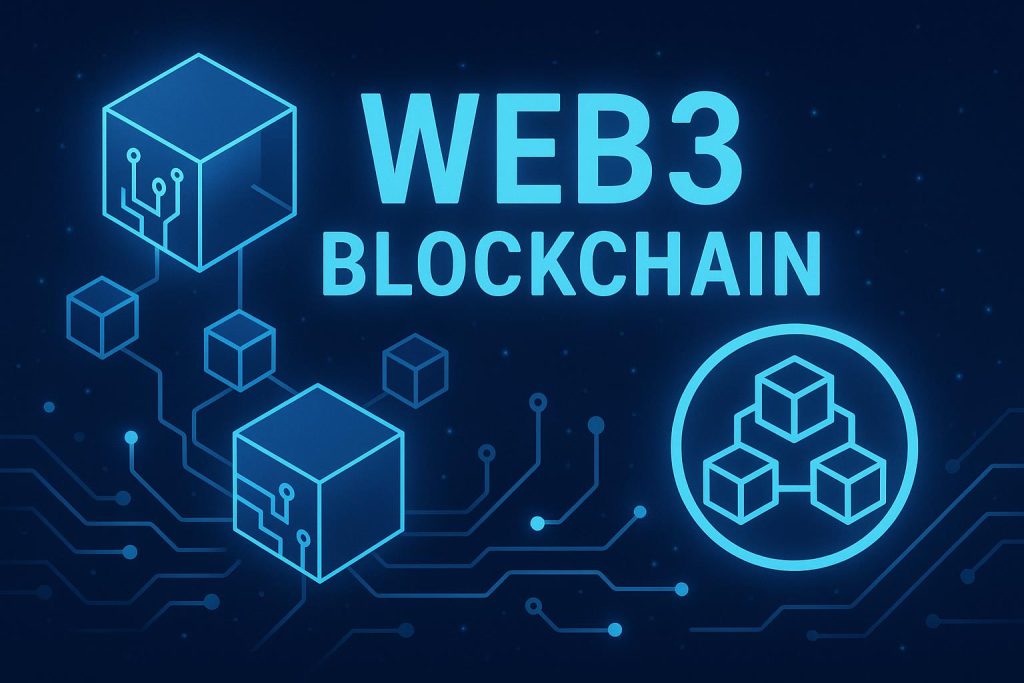 Web3 blockchain concept illustration with digital connections and decentralized network symbols