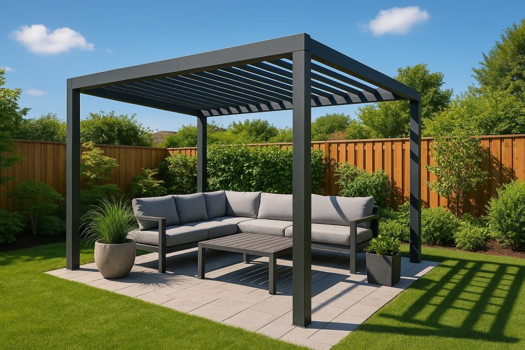 Modern wooden pergola with stylish outdoor furniture in a landscaped backyard setting