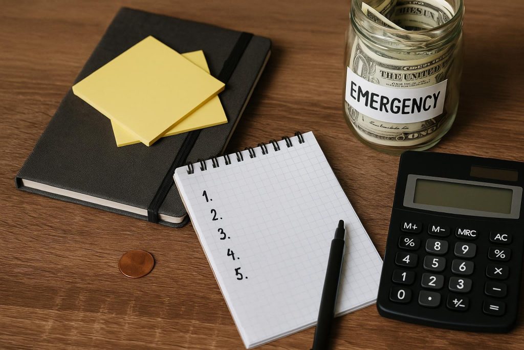 Stack of coins, calculator, and notebook illustrating financial planning for emergency expenses