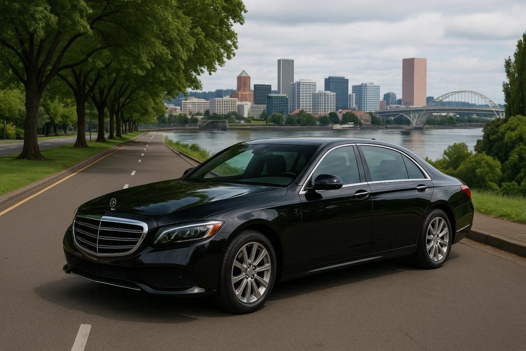 Luxury black car with chauffeur parked in Portland business district, symbolizing executive transport
