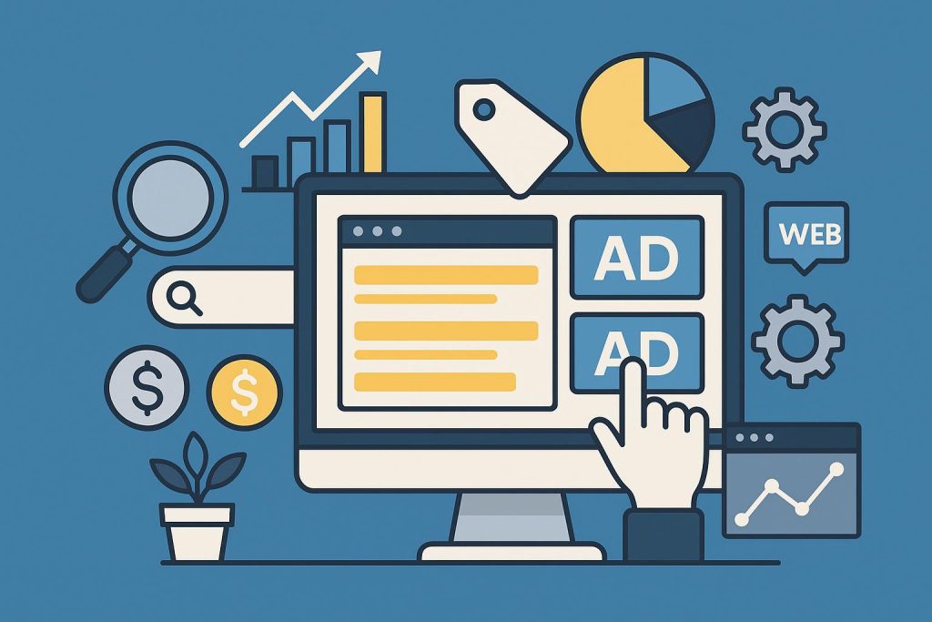White label PPC agency concept with digital marketing analytics and advertising dashboard graphics