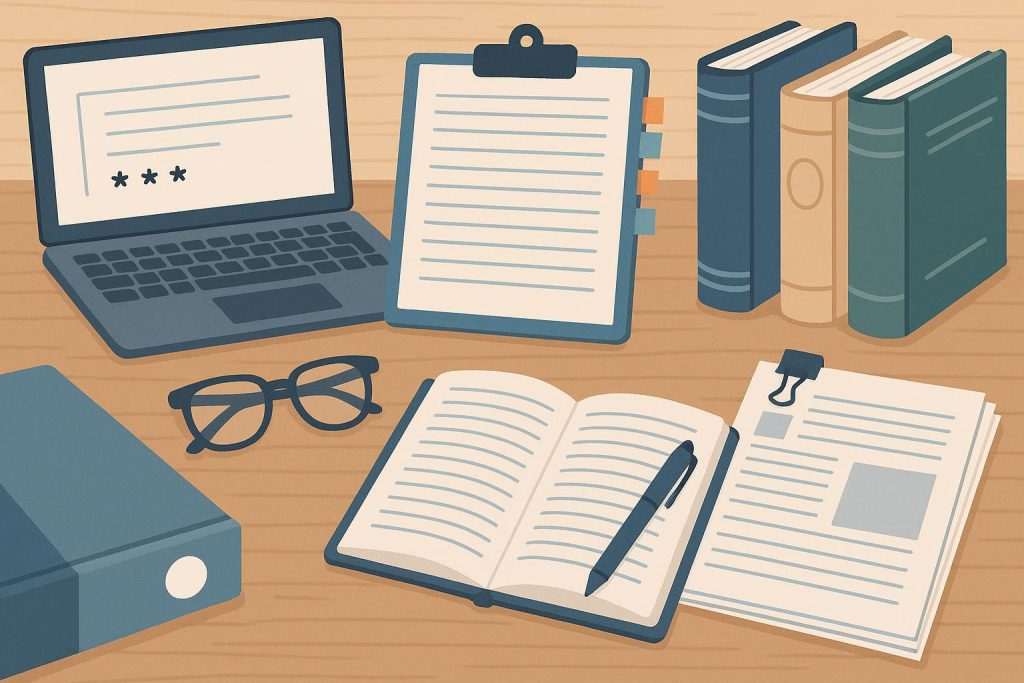 Organized study desk with books, notebooks, and digital devices for academic research support