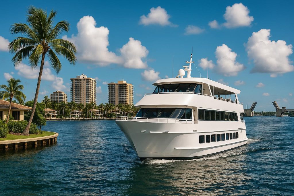 Luxury yacht cruising on Fort Lauderdale waterways, decorated for a festive group celebration