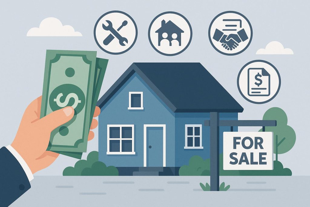 Cash Home Buyers: A Practical Option for Kansas City Homeowners With Difficult Properties House for sale with cash offer sign, highlighting benefits of selling without repairs or showings