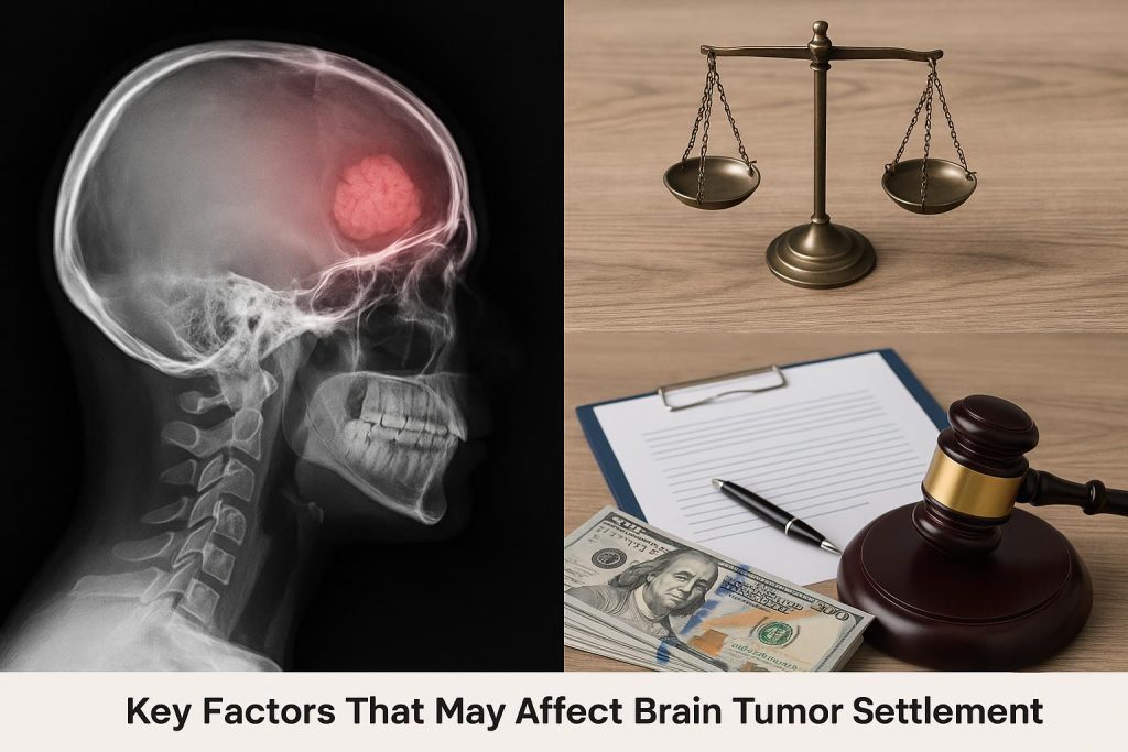 Key Factors That May Affect Brain Tumor Settlement Payouts Brain tumor settlement payout concept illustrated with legal documents and medical symbols