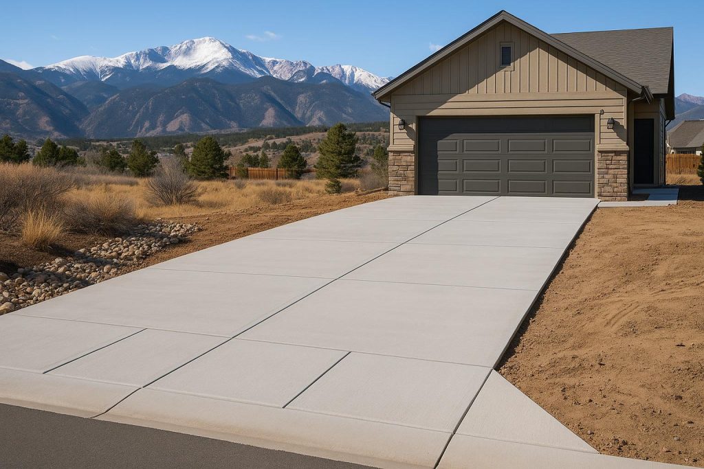 Smooth, freshly poured concrete driveway in a Colorado Springs residential neighborhood